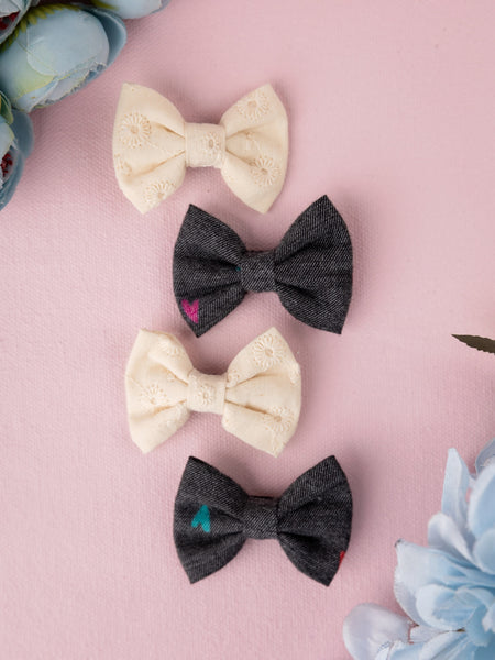 Set of 4 Denim Alligator Hair Clips- Off White & Grey