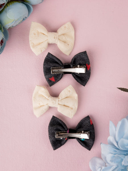 Set of 4 Denim Alligator Hair Clips- Off White & Grey