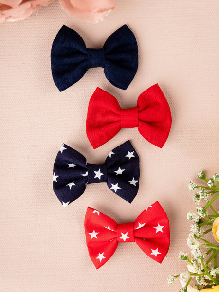 Set of 4 Star Printed Alligator Hair Clips- Red & Dark Blue