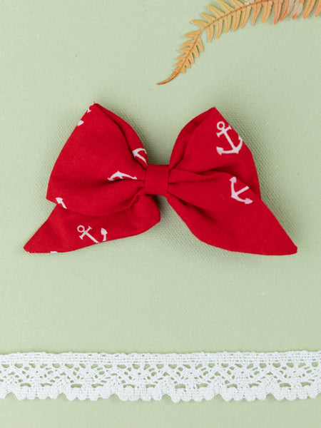Anchor Printed School Bow Alligator Hair Clip- Red