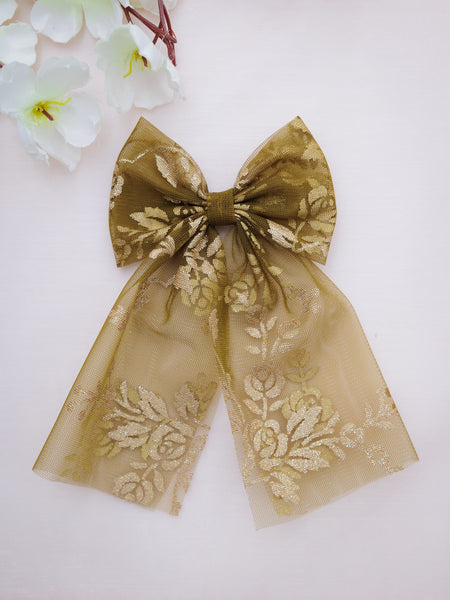 Sheer Brown Gold Floral Pattern Sailor Hair Bow - Brown