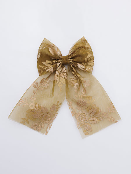 Sheer Brown Gold Floral Pattern Sailor Hair Bow - Brown