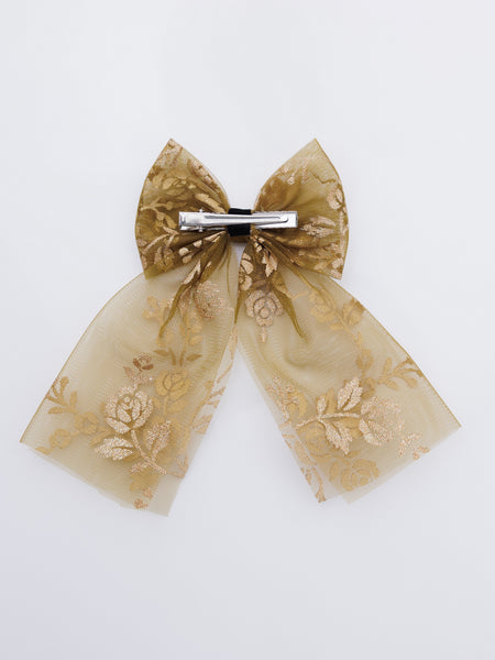 Sheer Brown Gold Floral Pattern Sailor Hair Bow - Brown