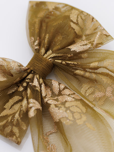 Sheer Brown Gold Floral Pattern Sailor Hair Bow - Brown