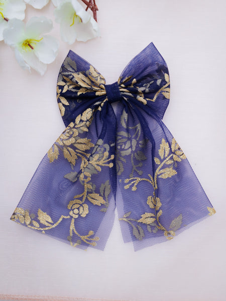 Dark Blue Gold Floral Pattern Sailor Hair Bow- Dark Blue