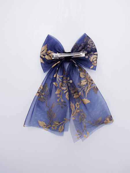 Dark Blue Gold Floral Pattern Sailor Hair Bow- Dark Blue