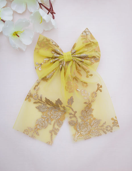 Knotty Ribbons Yellow Gold Floral Pattern Sailor Hair Bow- Yellow