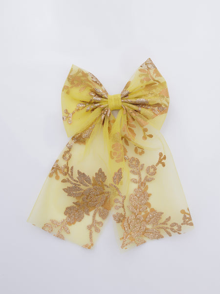 Knotty Ribbons Yellow Gold Floral Pattern Sailor Hair Bow- Yellow
