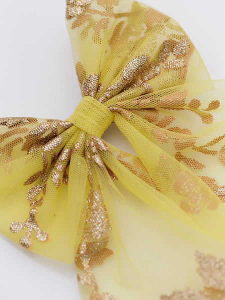 Knotty Ribbons Yellow Gold Floral Pattern Sailor Hair Bow- Yellow