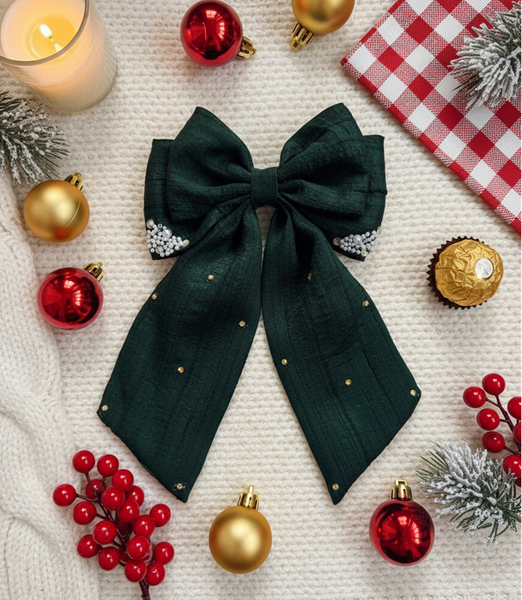 Christmas Pearl and Stone Embellished Sailor Bow Alligator Clip- Green