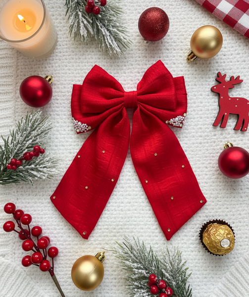 Christmas Pearl and Stone Embellished Sailor Bow Alligator Clip- Red