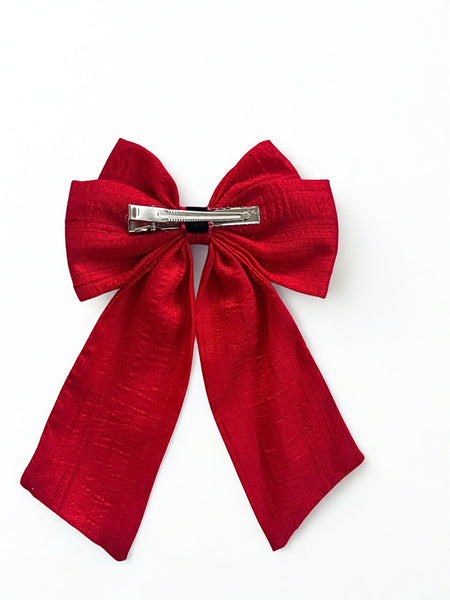 Christmas Pearl and Stone Embellished Sailor Bow Alligator Clip- Red