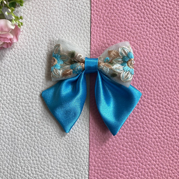 Floral Embroidered Sailor Bow Alligator Hair Clip- Blue