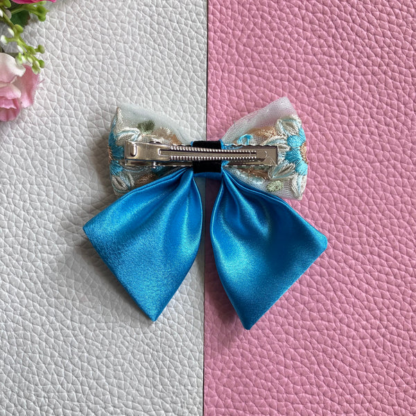 Floral Embroidered Sailor Bow Alligator Hair Clip- Blue