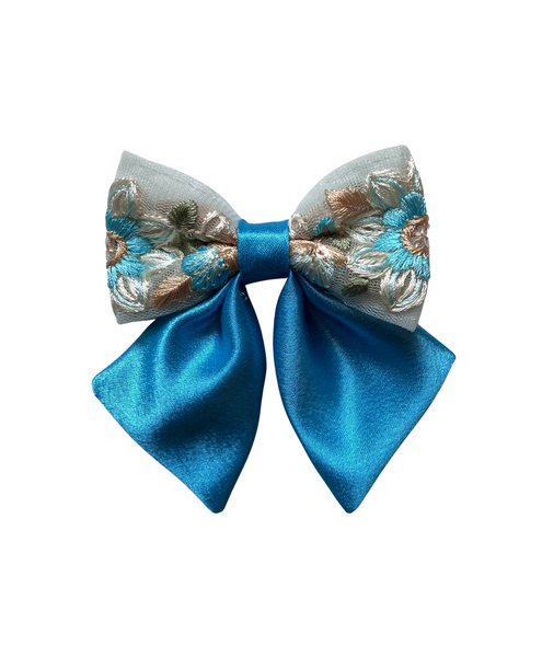 Floral Embroidered Sailor Bow Alligator Hair Clip- Blue