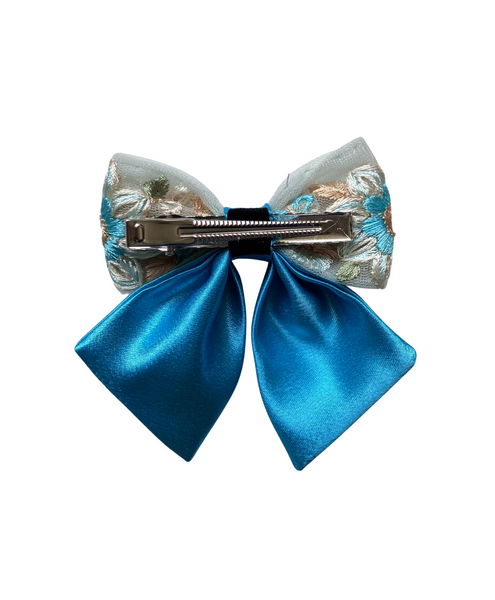 Floral Embroidered Sailor Bow Alligator Hair Clip- Blue