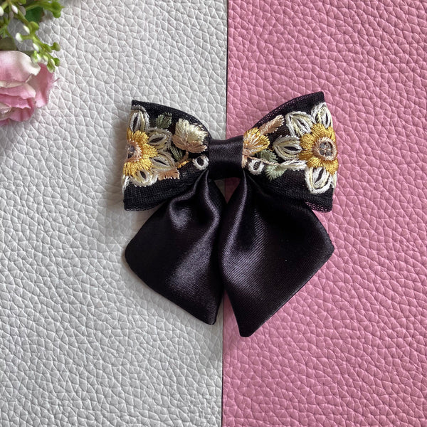 Floral Embroidered Sailor Bow Alligator Hair Clip- Black