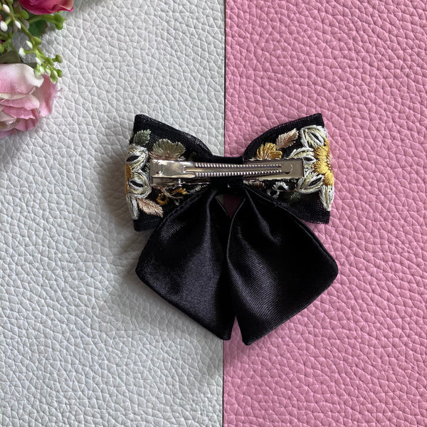 Floral Embroidered Sailor Bow Alligator Hair Clip- Black