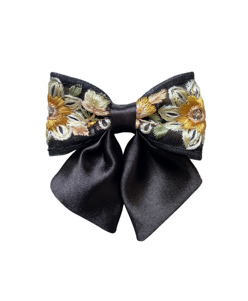 Floral Embroidered Sailor Bow Alligator Hair Clip- Black