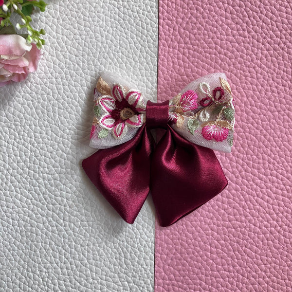 Floral Embroidered Sailor Bow Alligator Hair Clip- Maroon