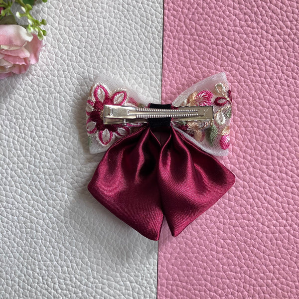 Floral Embroidered Sailor Bow Alligator Hair Clip- Maroon