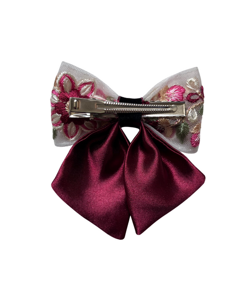 Floral Embroidered Sailor Bow Alligator Hair Clip- Maroon