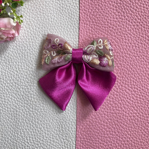 Floral Embroidered Sailor Bow Alligator Hair Clip- Pink