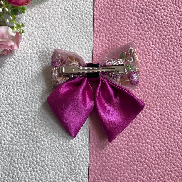 Floral Embroidered Sailor Bow Alligator Hair Clip- Pink