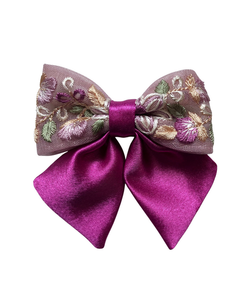 Floral Embroidered Sailor Bow Alligator Hair Clip- Pink