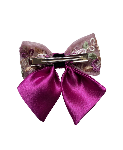 Floral Embroidered Sailor Bow Alligator Hair Clip- Pink