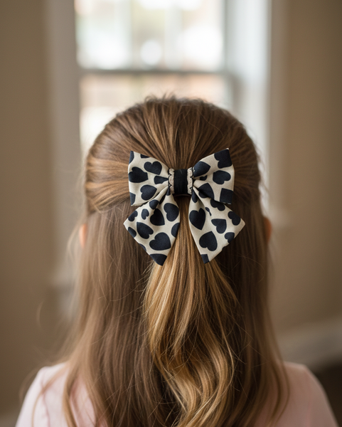 Heart Print Bow Alligator Clip- White