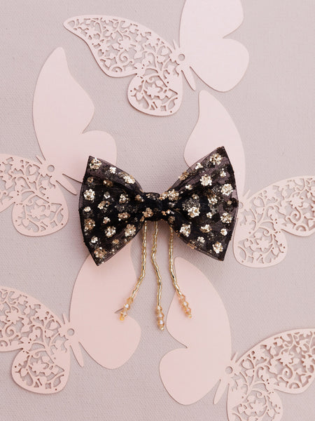 Sequins Embellished Alligator Bow Hair Clip with tassel- Black