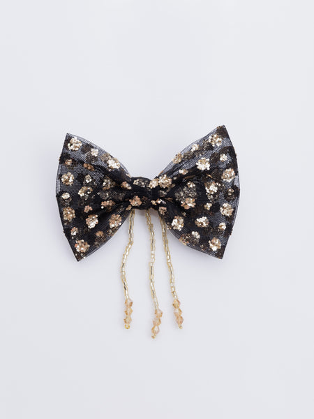 Sequins Embellished Alligator Bow Hair Clip with tassel- Black