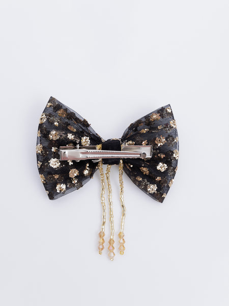 Sequins Embellished Alligator Bow Hair Clip with tassel- Black