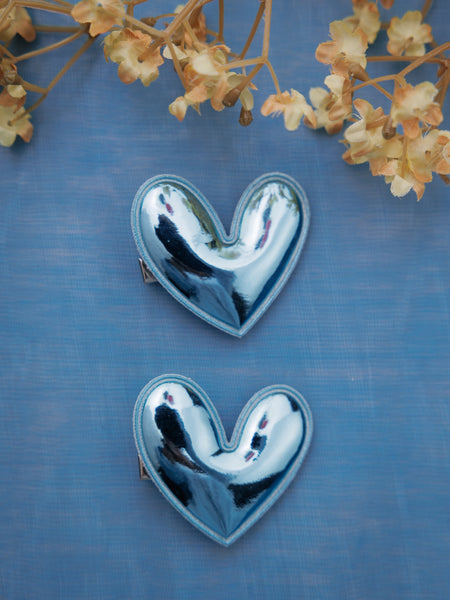 Set of 2 Heart of Chrome Alligator Hair Clips- Blue