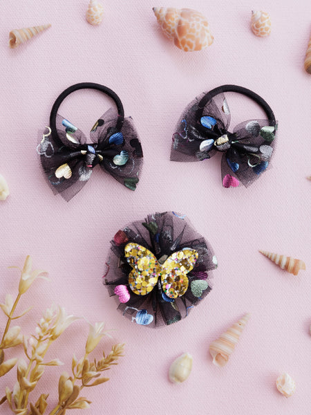 Stardust Butterfly Alligator Hair Clip and Rubber Band Set- Black & Golden