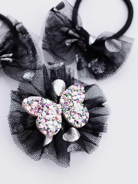 Stardust Butterfly Alligator Hair Clip and Rubber Band Set- Black & Silver