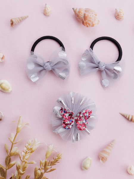 Stardust Butterfly Alligator Hair Clip and Rubber Band Set- Grey