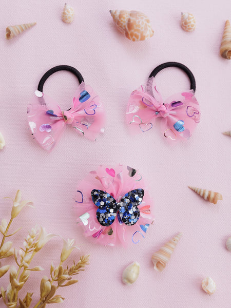 Stardust Butterfly Alligator Hair Clip and Rubber Band Set- Pink