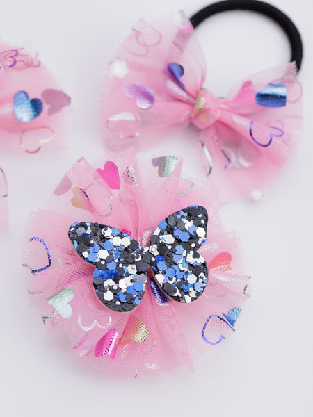 Stardust Butterfly Alligator Hair Clip and Rubber Band Set- Pink