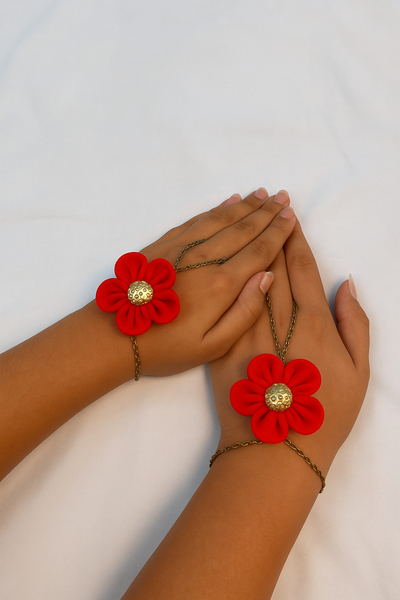 Mother & Daughter Duo Chain Bracelet with vibrant flower and Sequence Center - Red: