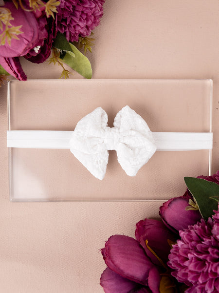 Floral Embroidered Tulle Sailor Bow Headband - White