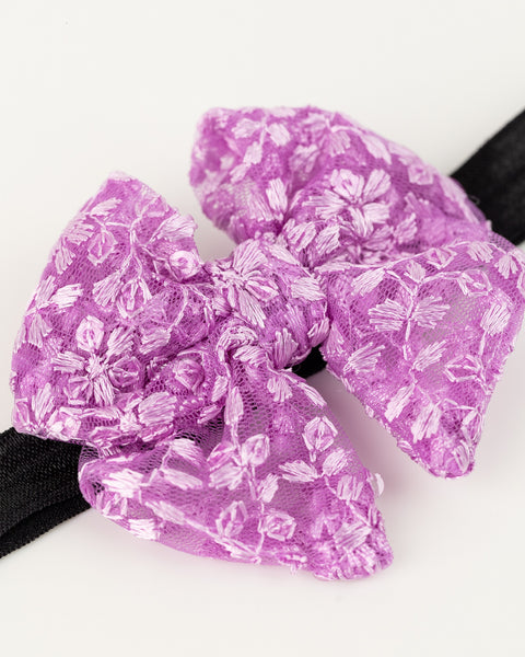 Floral Embroidered Tulle Sailor Bow Headband - Lilac