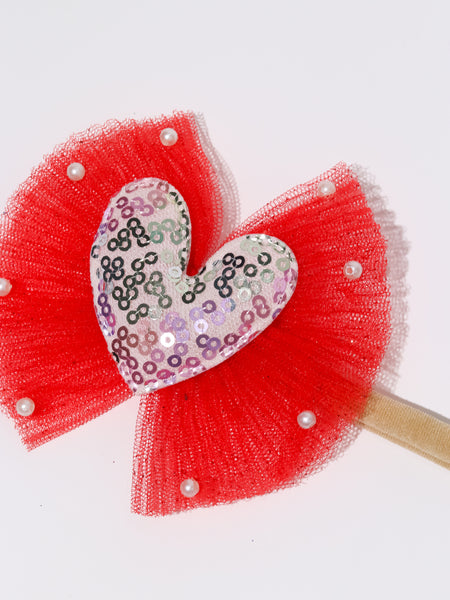 Sequined Heart Tulle Bow Headband- Red