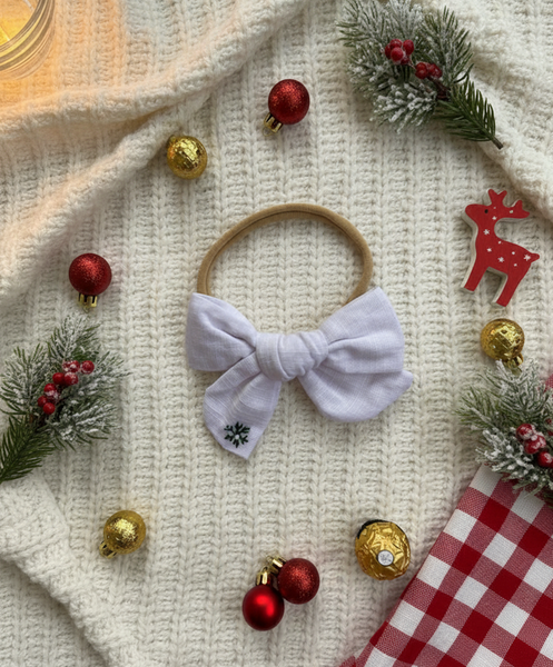 Christmas Snowflake Emroidered Bow Headband- White