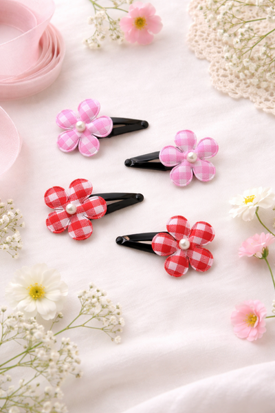 Set Of 4 Flower and Checks Clip- Pink and Red