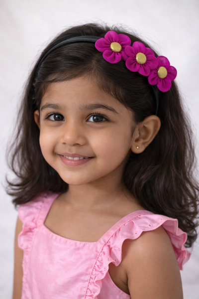 Girls Three Flower Golden Center Hairband- Pink