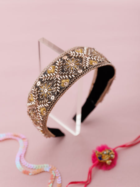 Bordered Lace Garden Embellished Wide hard Headband- Golden