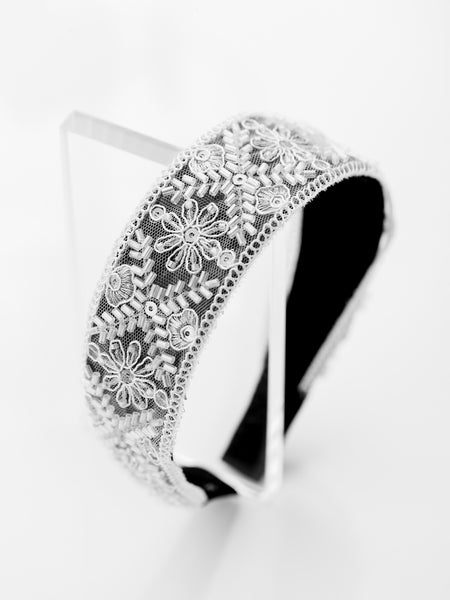 Bordered Lace Garden Embellished Wide Hard Headband - White