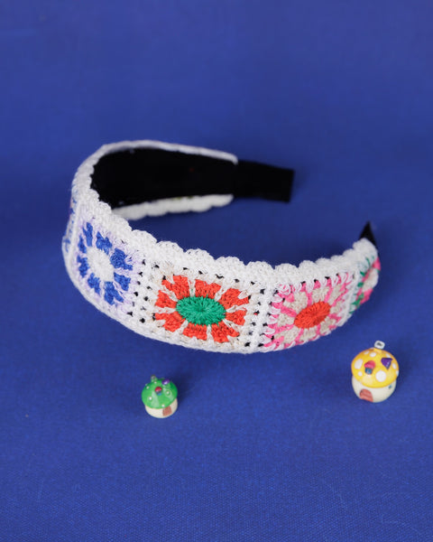 Pastel Flower Handmade Crochet Hair Band- White